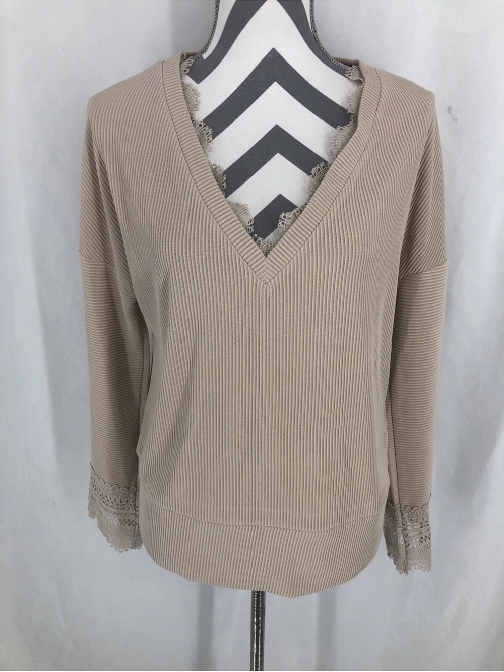 Taupe Ribbed V-Neck Sweater with Lace Cuffs